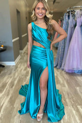Charming Mermaid One Shoulder Satin Prom Dresses with Slit
